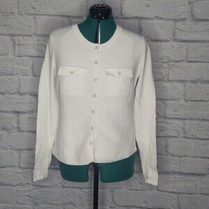 CABI Womens White knit long sleeve button front cotton Cardigan Sz M